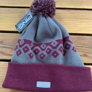 PING Beanie Stocking Hat with Pom Maroon and Gray